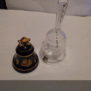 Crystal Clear Glass Bell Beautiful Etched Design and Cobalt Blue bell